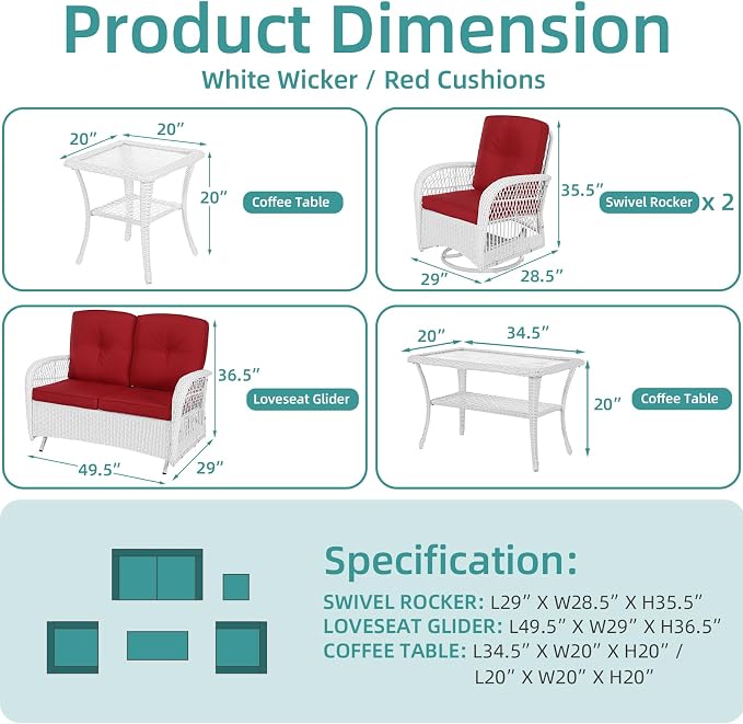 MEETWARM 5 Pieces Outdoor Patio Rattan Furniture Sets, All Weather Patio Wicker Conversation Set - 2 Rocking Swivel Chairs 1 Rattan Loveseat Glider with Cushions, 2 Coffee Table, White Wicker/Red