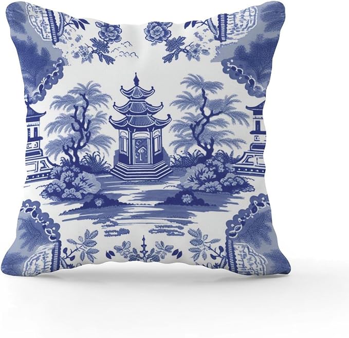Pillow Cover Chinoiserie Blue Asian Pagoda Pillows Rustic Chinoiserie Chic Asian Pillow Cover Accent Farmhouse Decor Pillow for Patio Couch Sofa Office 26x26 in