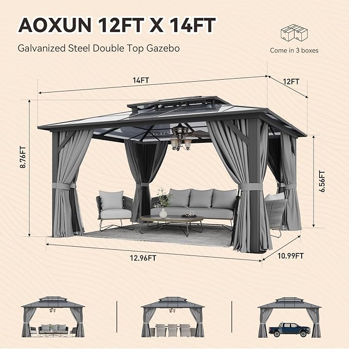 Aoxun 12'x14' Hardtop Gazebo, Outdoor Metal Gazebo with Double Polycarbonate Roof Canopy, Permanent Pavilion with Netting and Curtains for Lawn, Garden, Patio (Gray)