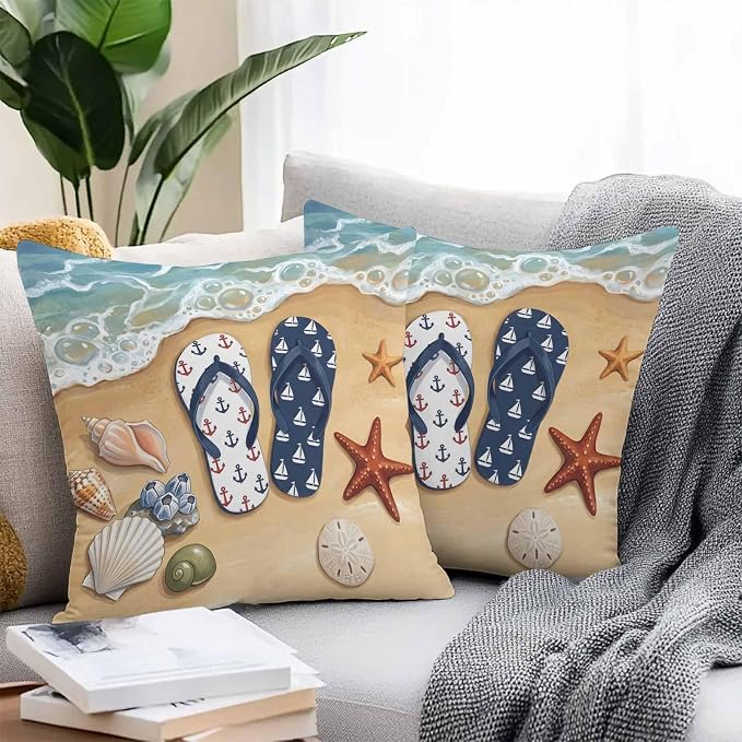 Blue Beige Seaside Outdoor Waterproof Throw Pillow Covers 20x20 Set of 2, Coastal Waves Starfish Summer Beach Nautical Decorative Pillowcases Cushion Pillowcase for Couch Sofa Patio Pillow Protector