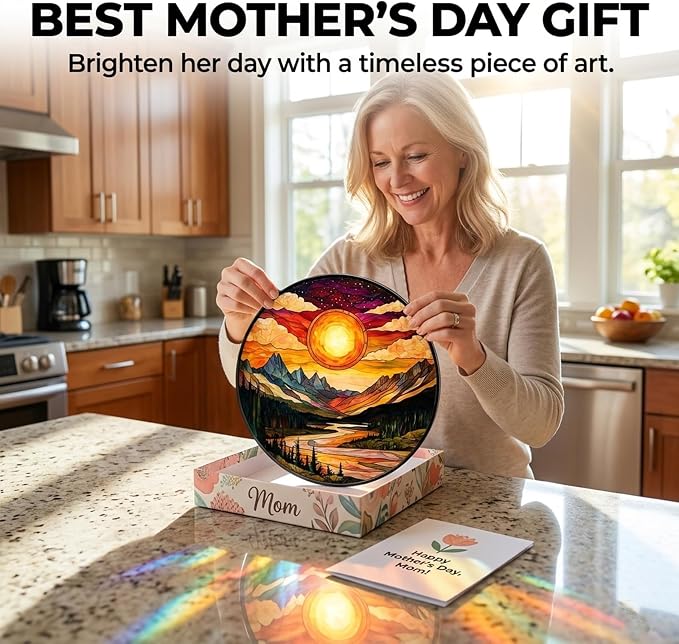 Birthday Gifts for Women - Sunset Mountains River Faux Stained Glass Window Hanging Sun Catcher for Door Garden Acrylic Decor Mother's Day Christmas for Mom Nana Men Grandma Wife 6.3"