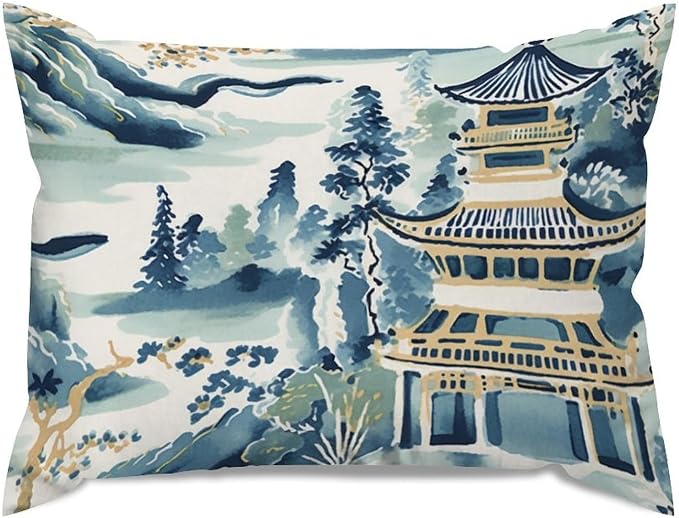 Lumbar Support Pillow Case Blue and White Chinoiserie Pagoda Asian Pillow Case Abstract Ming Rain Chinoiserie Pillow Cover Accent Decorative Cushion Cases Home Decor for Home Sofa 20x26in