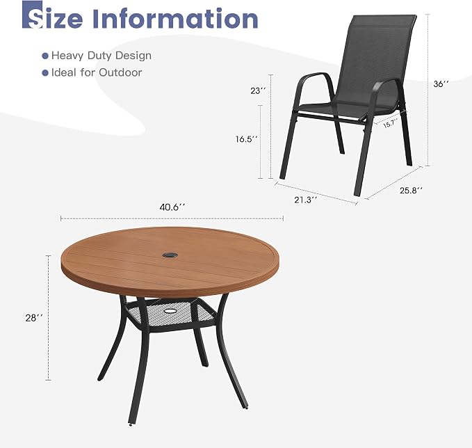 VICLLAX Round Patio Dining Set for 4, Metal Slatted Patio Table with Umbrella Hole and Stackable Patio Chairs for Deck Lawn Garden, Black Fabric and Walnut Tabletop