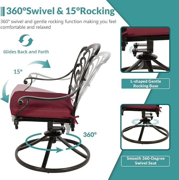 MEETWARM 9-Piece Outdoor Patio Dining Set for 8, All Weather Cast Aluminum Patio Funiture Table and Chairs Set- 94.5” Rectangular Table and 8 Cushioned Swivel Rocker Chairs, Umbrella Hole, Chili Red