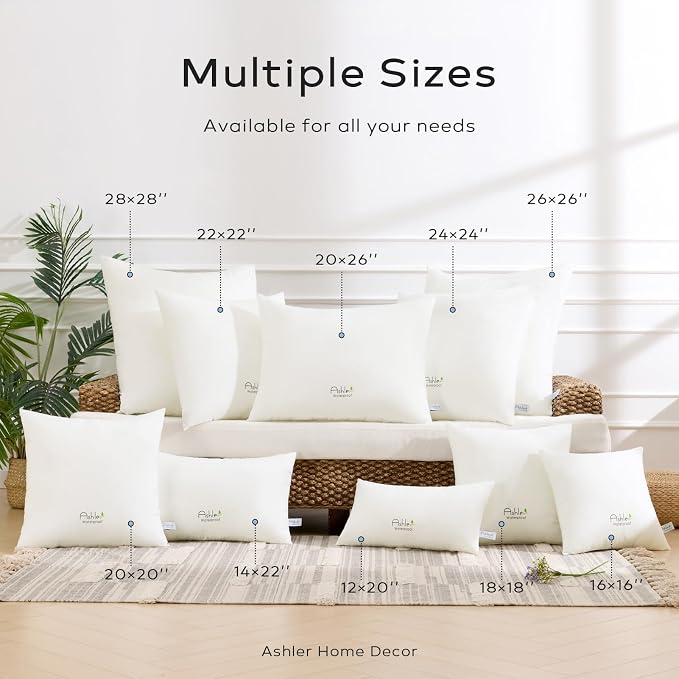 Ashler Outdoor Pillow Inserts 26x26 Pack of 2, Waterproof Pillows Decorative for Couch, Hypoallergenic Pillow Square Lumbar Pillow Form for Bedding Couch,White