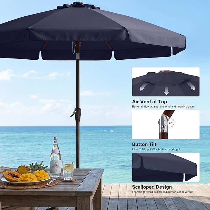 ABCCANOPY 9ft Scalloped Patio Umbrella, Outdoor Table Umbrella with Tilt and Crank, Fiberglass Ribs Deck Umbrella for Patio, Pool, Garden, Picnic (Tibetan Blue)