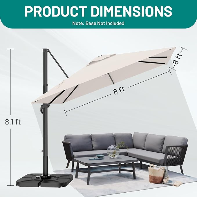 AreShark 8 X 8 FT Cantilever Patio Umbrella, 360-Degree Rotation Round Hanging Offset Umbrella with Crank, Heavy Duty Patio Umbrella for Patio, Pool, Garden, Deck, Cream White