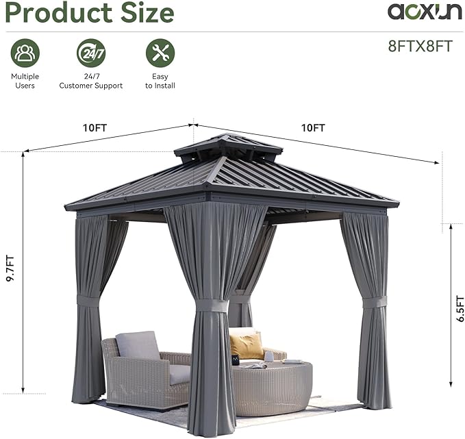 Aoxun 8 FTx 8FT Hardtop Gazebo with Double Galvanized Steel Roof, Outdoor Pavilion with Breathable Netting & Privacy Curtain for Backyard, Patio - Versatile for Family Gatherings, Carport (Gray)