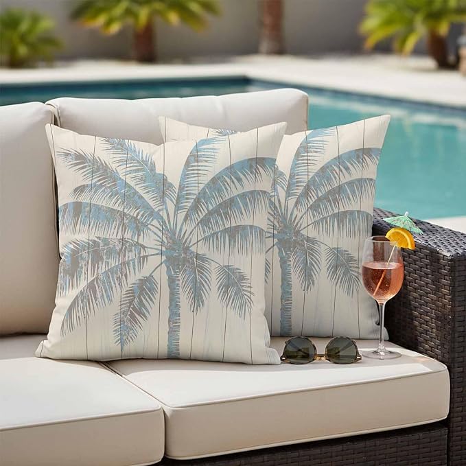 Pack of 2 Blue Beige Palm Tree Outdoor Pillow Covers Decorative, Summer Tropical Botanical Waterproof Pillow Protector, Vintage Throw Pillowcases Accent Cushion Cases for Patio Couch Sofa 26"x26"