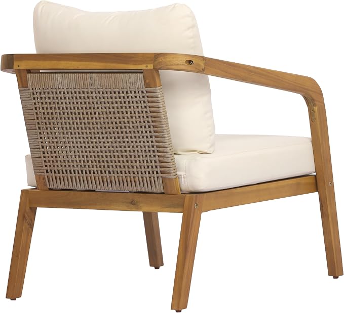Merax Acacia Wood Outdoor Patio Club Chair with PE Wicker Backrest & Cushions– Modern Accent Armchair for Balcony, Poolside, and Sunroom