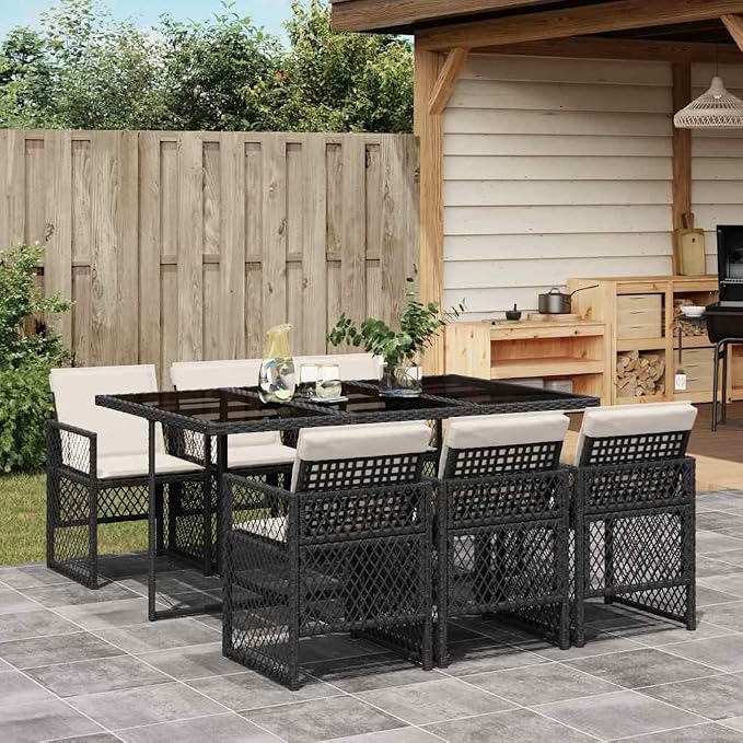 7-Piece Garden Dining Set with Cream White Cushions, Black Poly Rattan Medium Foldable Chairs, Tempered Glass Table for Outdoor Patio