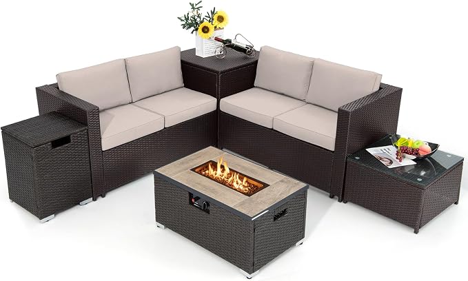 Tangkula 6 Pieces Patio Wicker Furniture Set with 32 Inches Propane Fire Pit Table and Tank Holder, Outdoor Conversation Set with Storage Box and Coffee Table, 2 Waterproof Covers Included (Beige)