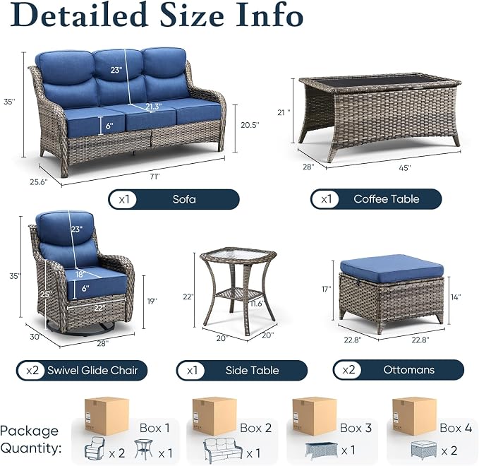 Belord Luxury 6" Thick Cushioned 7 Pieces Patio Furniture Set with Outdoor Couch, Wicker Outdoor Conversation Set with High Back Swivel Rocker Chairs for Deck Porch Yard and Poolside - Grey+Blue