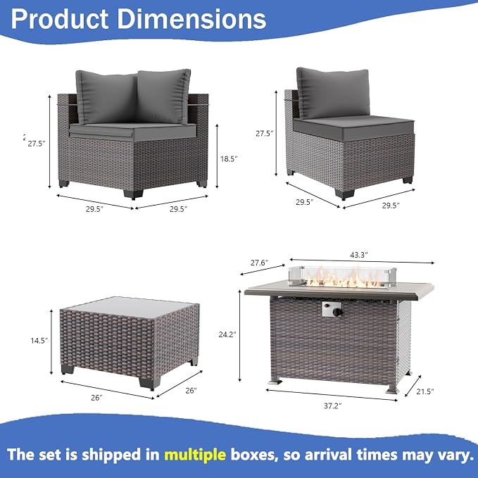 15 Pieces Outdoor Patio Furniture Set,Outdoor Sectional Furniture with 43" 55000 BTU Gas Propane Fire Pit Table,All Weather PE Rattan Wicker Patio Conversation Set,Grey