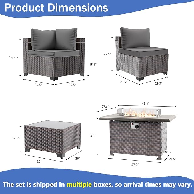 13 Pieces Outdoor Patio Furniture Set,Outdoor Sectional Furniture with 43" 55000 BTU Gas Propane Fire Pit Table,PE Rattan Wicker Patio Conversation Set with 10 Thickened Cushions,Grey