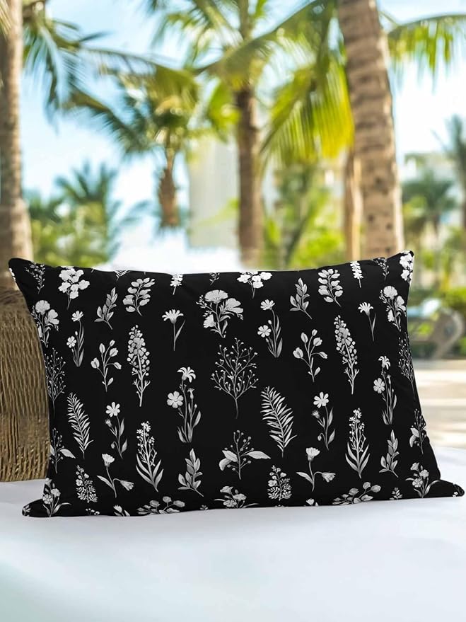 Outdoor Pillows with Inserts 12x20, Black Wildflowers Waterproof Outdoor/Indoor Throw Pillows, Farmhouse Botanical Garden Floral Decorative Pillow for Bed Couch Sofa Patio Furniture