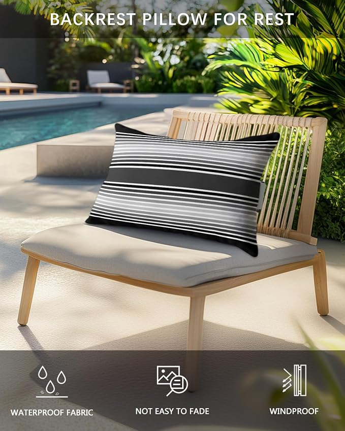 Pack of 2 Outdoor Lumbar Pillow Covers 12x20 Inch, Black Striped Waterproof Throw Pillow Covers Set, Black Ombre Farmhouse Stripes Indoor&Outdoor Decorative Cushion Cases for Patio Porch Car