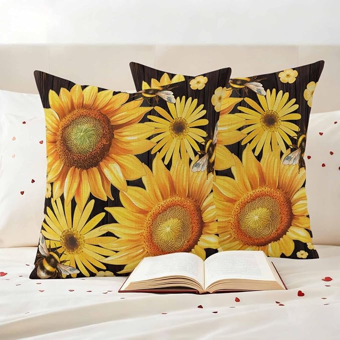 Outdoor Throw Pillow Covers,Yellow Sunflower Daisy Flower Waterproof Decorative Pillowcases Cushion Cover Spring Rustic Floral Bee Black Pillow Cases for Patio Couch Sofa Bed,16x16in Set of 2