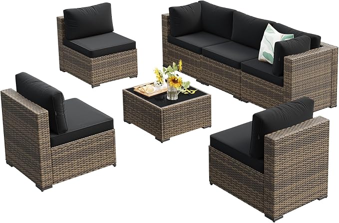 LazySunsets 7 Piece Outdoor Patio Furniture Set with Coffee Table, Outdoor Patio Furniture Sets with 4'' Thicken Cushion, Wicker Rattan Outdoor Conversation Set for Backyard, Black
