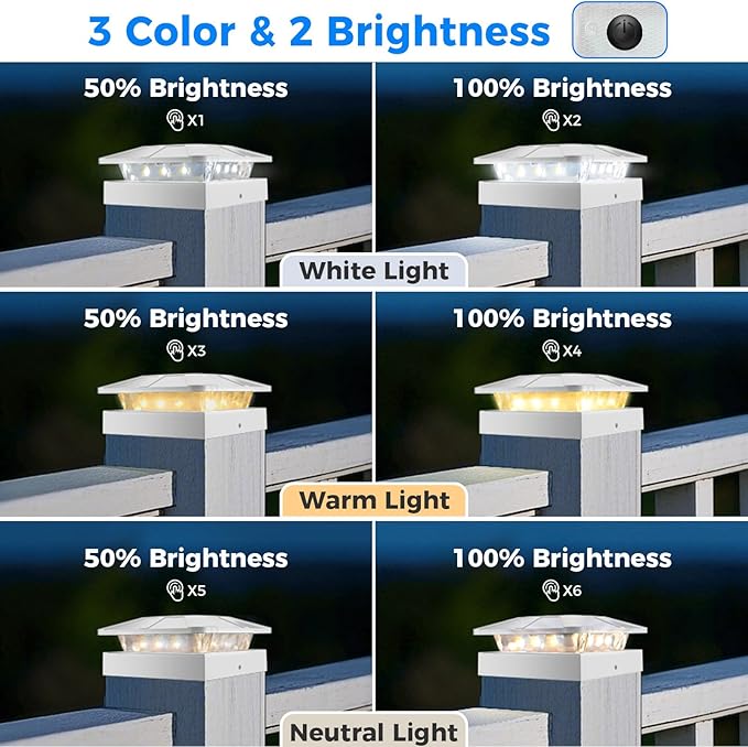 4x4 Solar Post Cap Lights Outdoor with 3 Modes, 2 Packs White Fence Light Solar Powered Waterproof for 3.5×3.5/4x4 Wood/Vinyl Posts for Deck Yard Garden Patio Outside