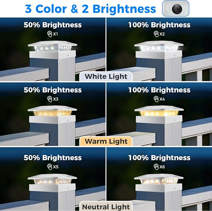 4x4 Solar Post Cap Lights Outdoor with 3 Modes, 16 Packs White Fence Light Solar Powered Waterproof, Wood/Vinyl Deck Post Lights for Yard Garden Patio Porch Outside