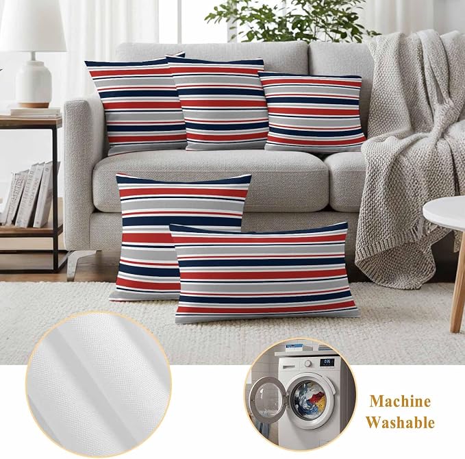 Red Navy Blue Striped Outdoor Pillow Cover 26x26 Inch Cushion Sham Case, Farmhouse Stripes Modern Abstract Art Waterproof Decorative Square Throw Pillowcase for Outside Garden Patio Porch Couch Chair
