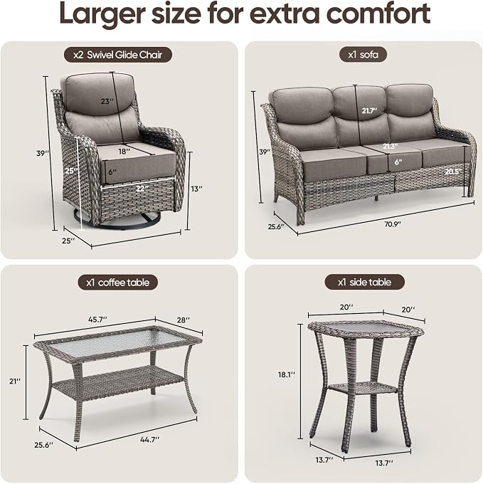 Swivel Patio Chairs sofa Set of 5 with 6" Thick Cushion - Wicker Outdoor Swivel Rocker Patio Chair ,Sofa/Glass coffee table, High Back Comfortable Outdoor Glider Chairs - Grey Wicker | Grey Cushions