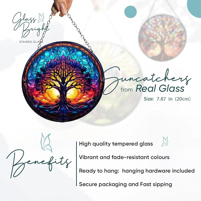 Tree of Life Suncatcher Stained Glass Window Hanging | 7.9 in, Catcher, Garden Decor