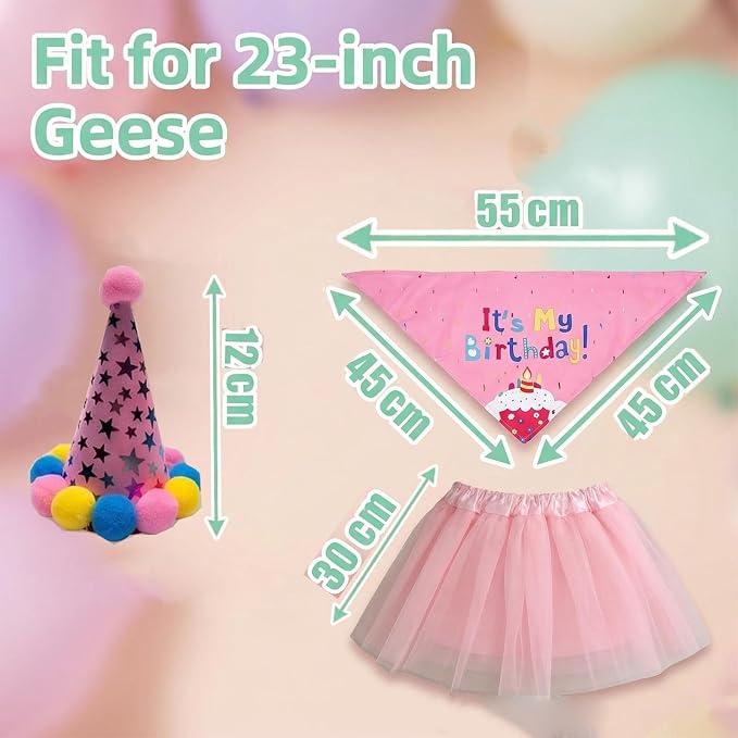 Birthday Porch Goose Outfits - 3Pcs Goose Outfits with Hat, Happy Birthday Bandana and Pink Tutu Skirt for 23 Inch Goose, Birth Party Goose Outfits Porch Goose Decor for Outdoor Garden Yard Patio