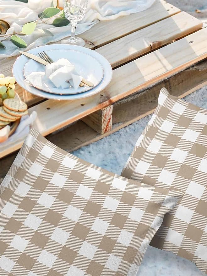 Outdoor Waterproof Throw Pillow Covers Set of 2 Khaki Buffalo Check Plaid Pillowcases 16x16 Inches Farmhouse Style Patio Decorative Pillows Cushion Case Patio Pillows for Couch Bed Chair Garden