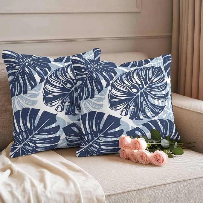 Navy Blue Leaf Outdoor Pillow Covers Set of 2 Tropical Country Watercolor Jungle Botanical Leaves Waterproof Throw Pillow Cover Decorative Cushion Cases for Patio Porch Garden 18X18 Inch