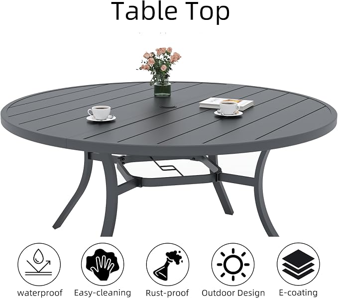 Grey Patio Swivel Rocker Chair and 54" Round Table Oudoor Dining Set 7 Sty2 | 6 Piece Swivel Chairs: High Back, Curved Armrest, Textilene Fabric, Rocking; 6-8 Person 54 inch Metal Round Table