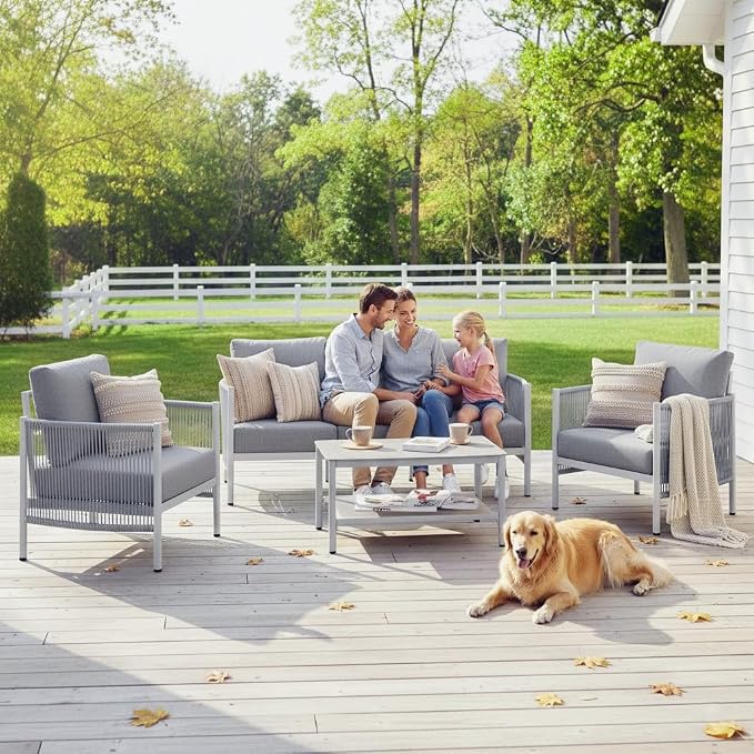 Aluminum Patio Furniture Set, 5 Seats Modern Outdoor Sectional Furniture with PE Rope & Dual-Layer Coffee Table, Luxury Patio Conversation Sets with 6" Cushions for Backyard/Garden, White