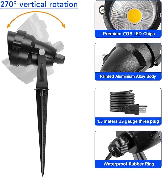 Warm White Outdoor Spot Lights, 10W Waterproof Garden Spotlight COB LED Spotlights with Spiked Stand for Lawn Decorative Lamp 4 Lights