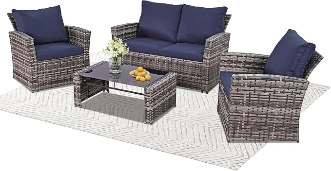 4 Piece Outdoor Patio Furniture Set with Wicker Sectional Sofa Couch, Cushioned Conversation Set and Coffee Table for Garden, Balcony, Porch Lounge Seating Area