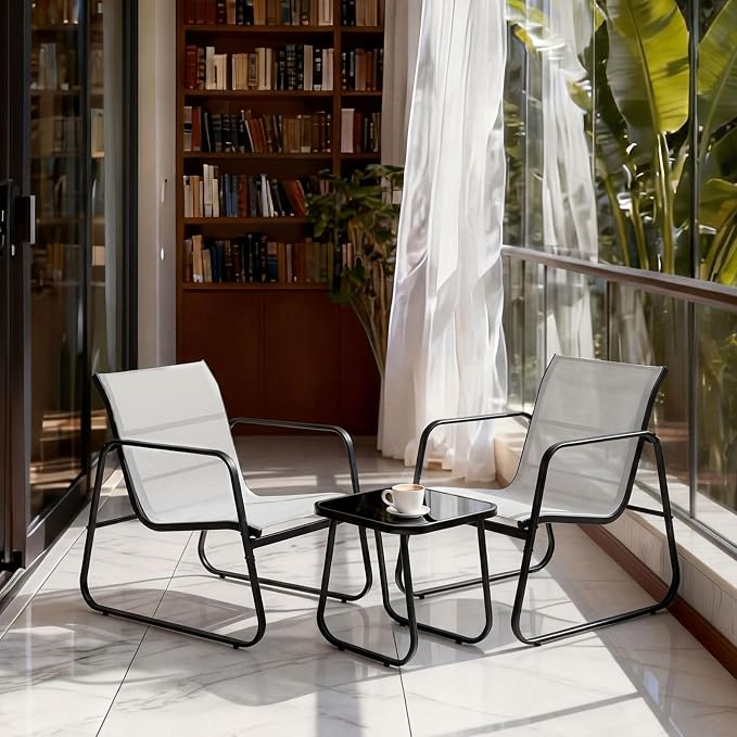 DUMOS 3 Piece Patio Furniture Set，Outdoor Patio Furniture Set with Table and Chairs, Sectional Bistro Sets for Lawn, Garden, Balcony, Pool, Poolside Gray