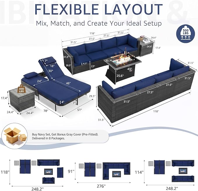 NICESOUL 13 Piece Outdoor Patio Furniture Set with Fire Pit, Extra Large 29.3'' High Back Patio Sofa Set w/Lounges, Oversized Wicker Outdoor Sectional with Fire Pit for Deck, Lawn, Yard, Gray & Navy