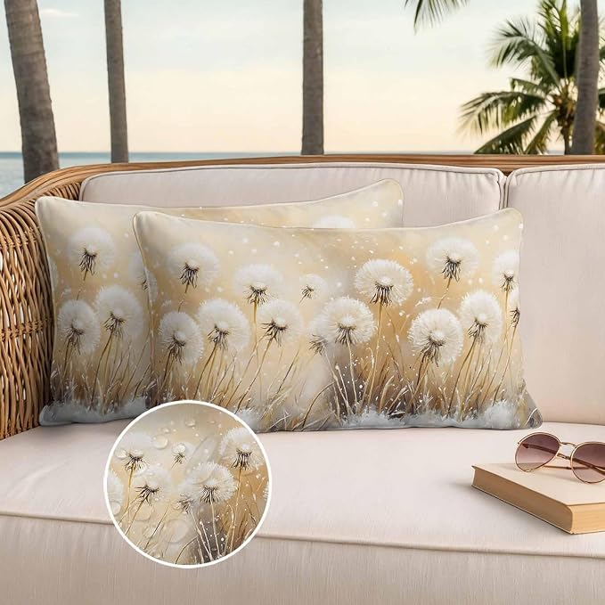 Outdoor Waterproof Pillow Covers White Dandelion Plant Pack of 2 Lumbar Pillow Cover Spring Leaf Decorative Cushion Pillowcases for Patio Couch Bench Garden 12 x 20 Inches