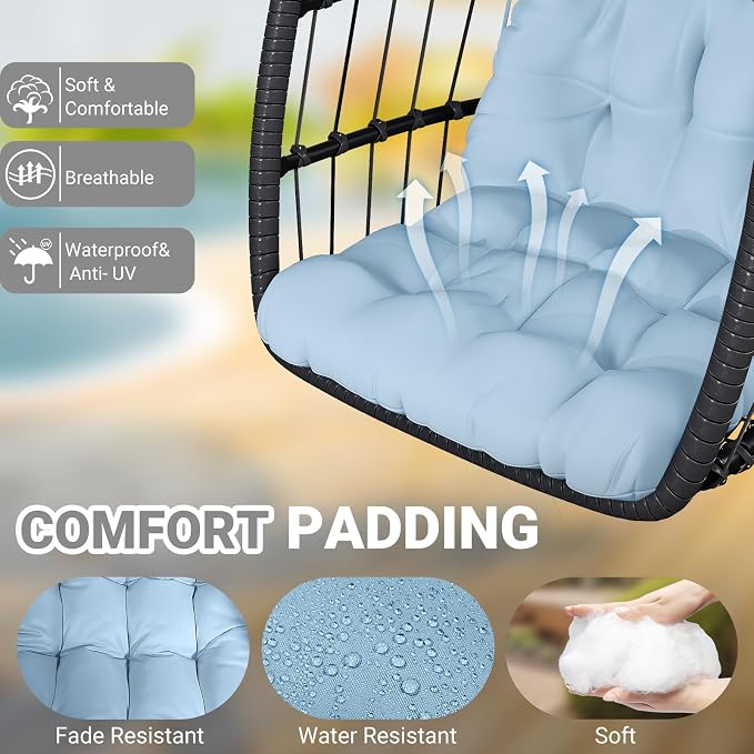 CHABATREE Egg Chair with Stand,Patio Rattan Wicker Hanging Swing Egg Chair Hammock Chair for Bedroom Porch Garden,Thickened Aluminum Alloy Steel Frame and UV Resistant Cushion,350LBS Capacity