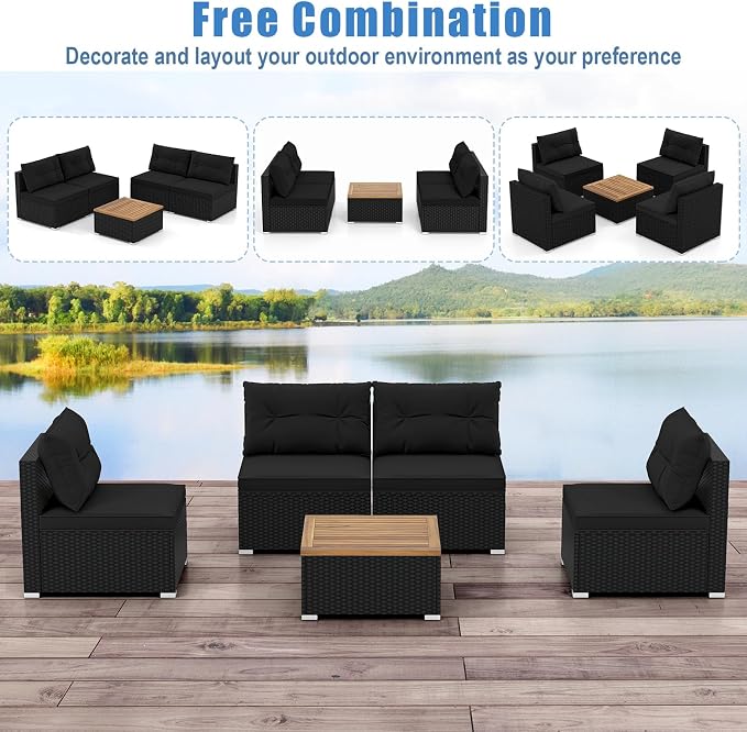 HAPPYGRILL 5 Pieces Patio Rattan Sofa Set, Outdoor Furniture Set with Seat & Back Cushions, Square Coffee Table with Acacia Wood Tabletop, Wicker Patio Conversation Set, Black
