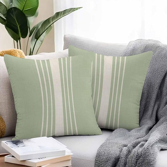 Throw Pillow Covers 16x16 Inch Set of 2, Sage Green Beige Striped Waterproof Outdoor Cushion Covers, Modern Farmhouse Retro Lines Decorative Pillowcases for Couch, Sofa, Bed, Garden, Patio
