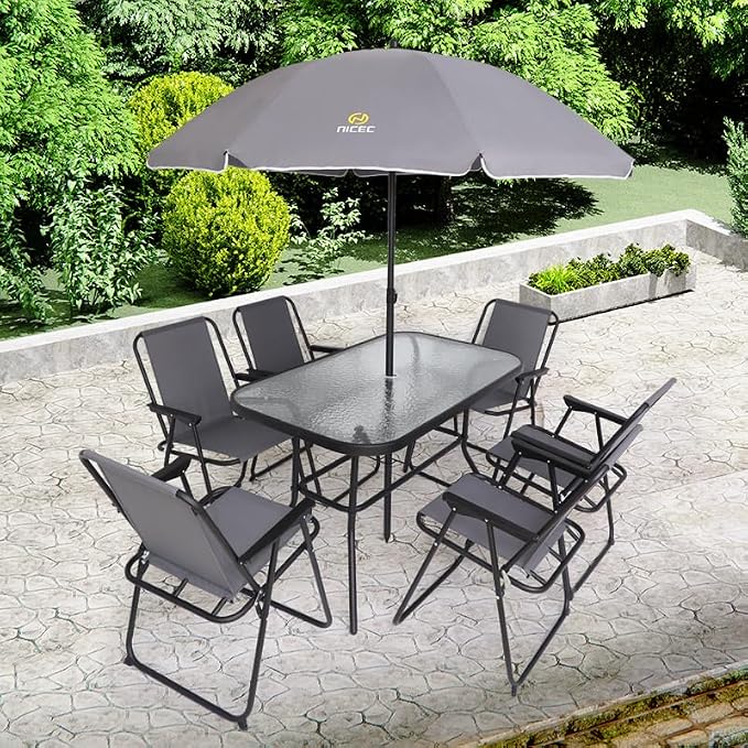 Nice C Outdoor Dining Sets, Patio Furniture Set, 8 Piece Set with Umbrella, Garden Outdoor Furniture Table Set with Removable Umbrella, Glass Table, and 6 Folding Chairs (Grey)