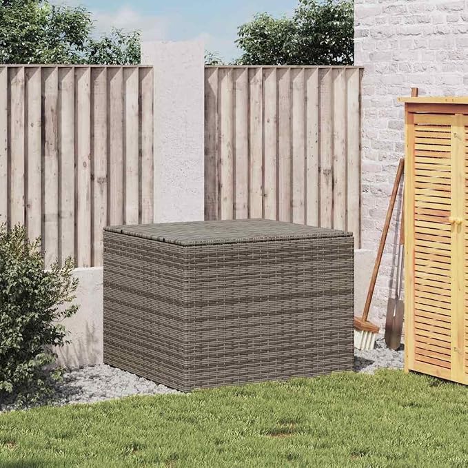 76.9 Gal Gray Poly Rattan Garden Storage Box with Water-Proof Bag and Powder-Coated Steel Frame for Patio Cushions and Blankets