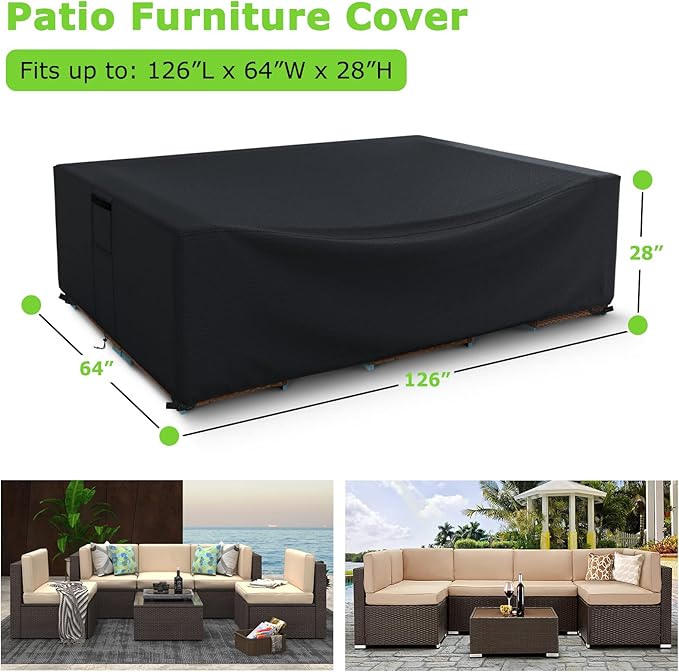 Patio Furniture Covers Waterproof, Heavy Duty 600D Outdoor Furniture Covers for Outside Sectional Sofa Set,Tear Resistance and Anti-UV, Black,126"L x 64"W x 28"H