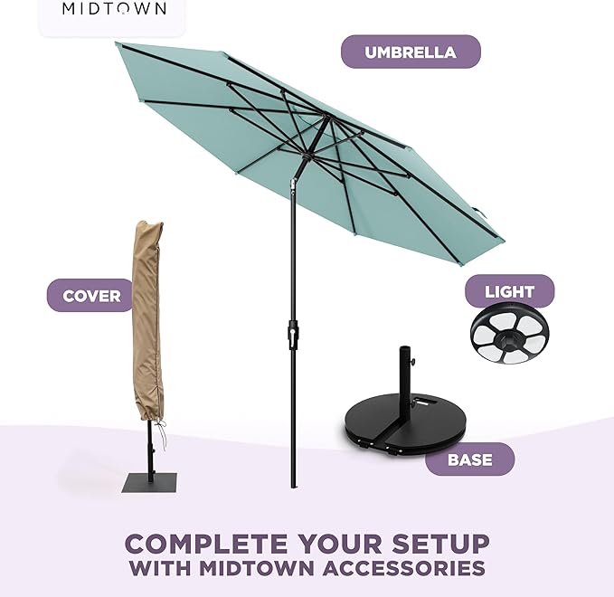 Midtown Umbrellas – The Swilt 10 Ft Patio Umbrellas with 360° Swivel & Tilt Mechanism, 8 Fiberglass Ribs & Terylast Polyester Fabric for Backyard, Deck, Pool & Cafes - Seawater Canopy, Black Pole