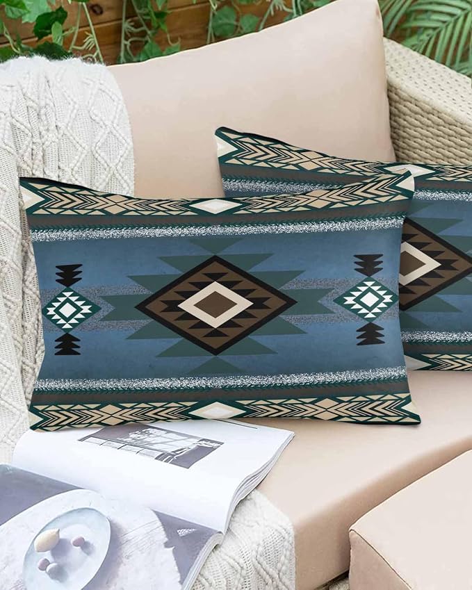 Vandarllin Outdoor Throw Pillows Covers 20x12 inch Set of 2 Waterproof Blue Tribal Style Decorative Zippered Cushion Covers for Patio Furniture, Southwest Native American Lumbar Pillowcases