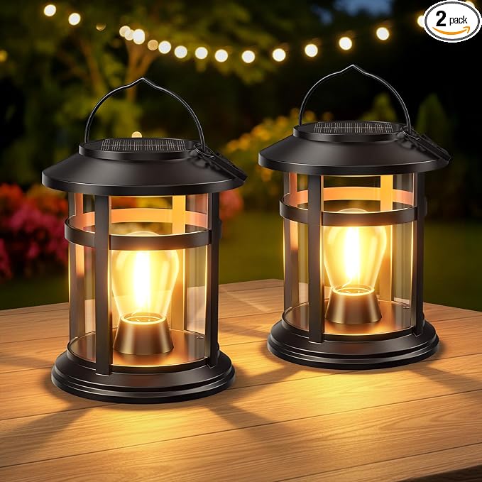 Solar Lantern Outdoor Waterproof, 2 Pack Bright Hanging Solar Lights for Outside Decorative, Upgraded Solar Powered Lanterns LED Lighting for Garden Patio Porch Decor Gifts (Warm Light)