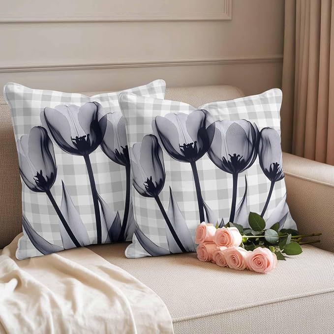 Grey Tulip Waterproof Outdoor Pillow Covers Set of 2 Home Decor, Farmhouse Elegant Flowers Checkered Pillowcase Patio Pillow Covers for Couch Bench Furniture Garden 24x24in