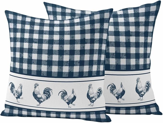 Outdoor Waterproof Throw Pillow Covers Set of 2 Chicken Cock Rooster Pillowcases 24x24 Inches Farmhouse Animal Blue Plaid Decorative Pillows Cushion Case Patio Pillows for Couch Bed Chair Garden