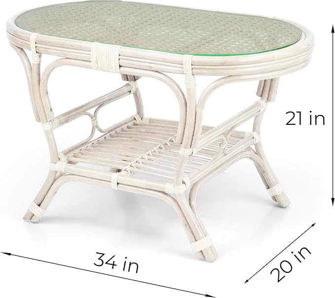 Malibu Lounge Set of 4: 2 Natural Rattan Wicker Chairs, Three-Seater Sofa with Cream Cushions and Coffee Table with Glass Handmade, White Color